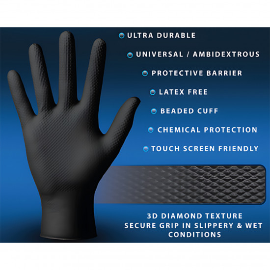 FIXON Nitrile Diamond Glove Textured 6mil 240mm Black M (50pcs/25 Pairs)