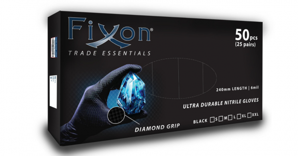 FIXON NITRILE DIAMOND GLOVE TEXTURED 6MIL 240MM BLACK L (50PCS/25